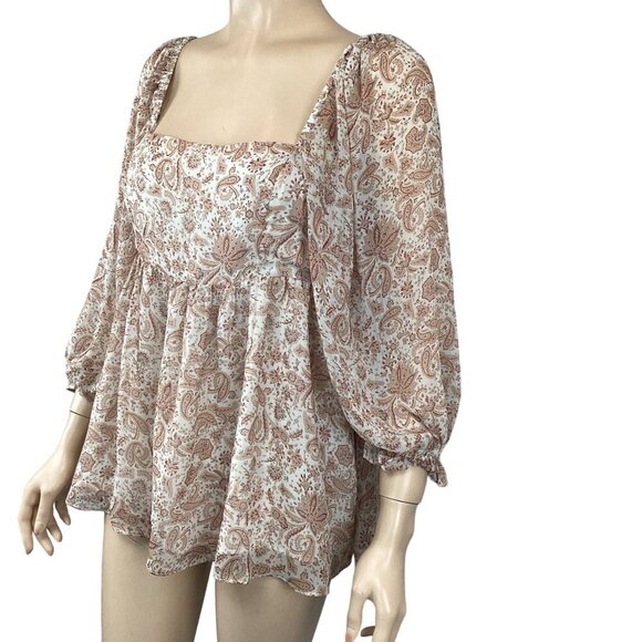 Storia Size Large Boho Paisley Print Square Neck Long Sleeve Blouse‎ Top - Picture 3 of 7